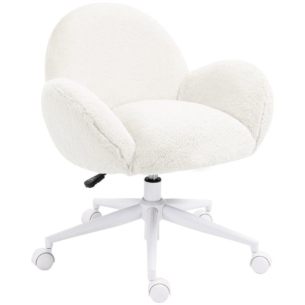 Makeup Vanity Chair, Cute Fluffy Desk Chair With Rolling Wheels For Bedroom Living Room, Cream White