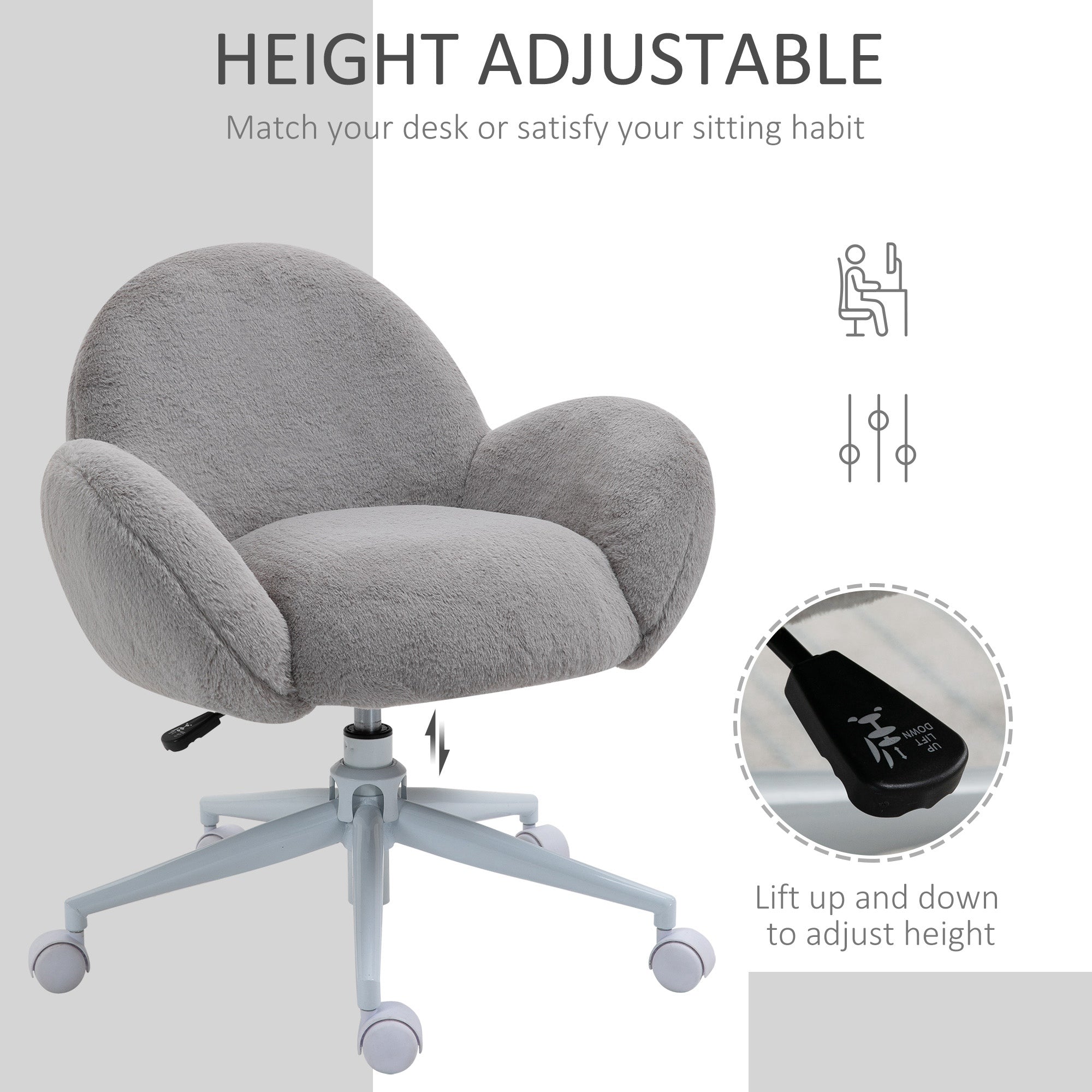 Makeup Vanity Chair, Cute Fluffy Desk Chair With Rolling Wheels For Bedroom Living Room, Grey
