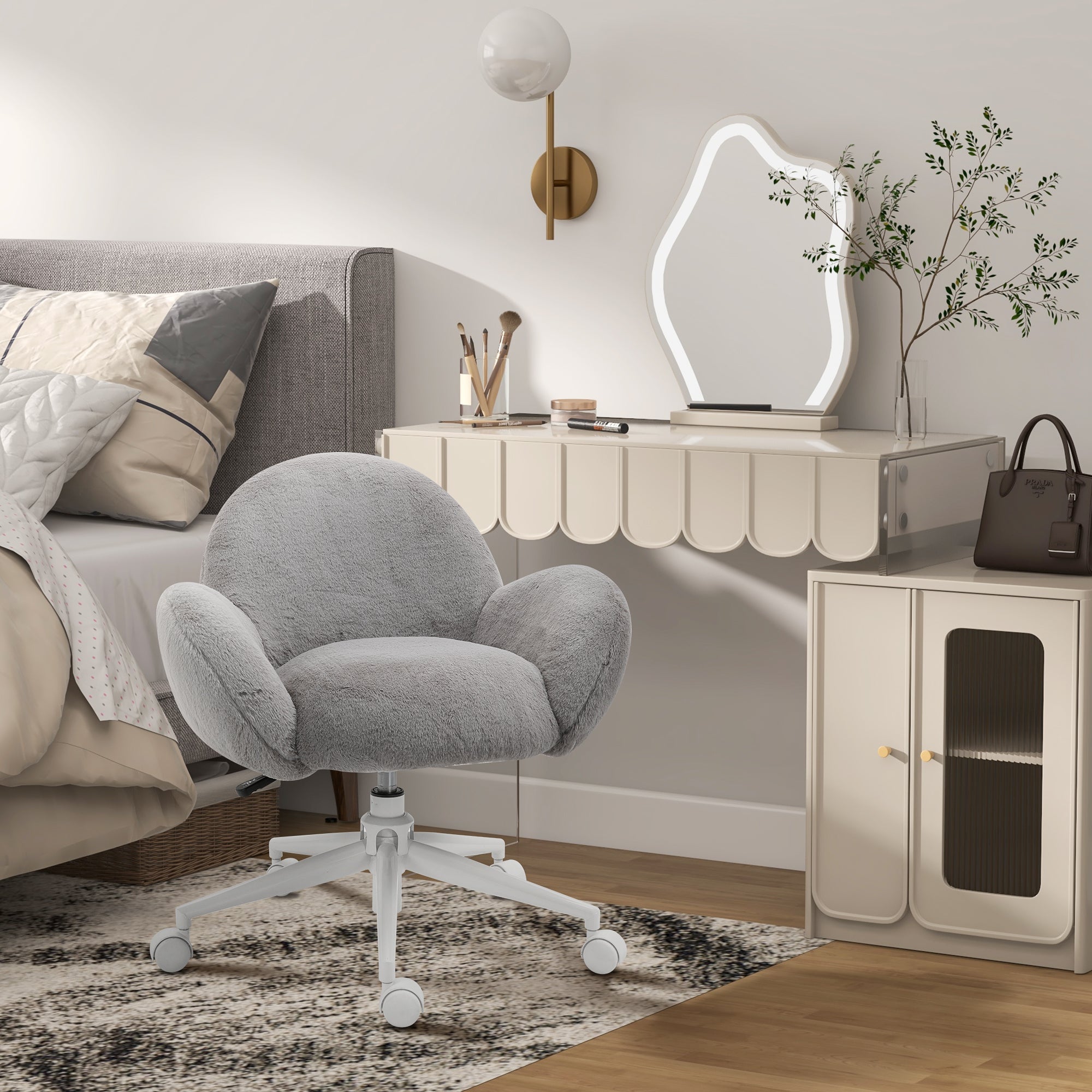 Makeup Vanity Chair, Cute Fluffy Desk Chair With Rolling Wheels For Bedroom Living Room, Grey