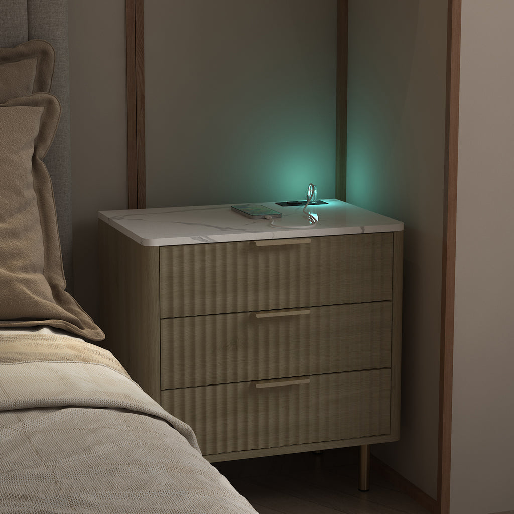 Nightstand With Charging Station, Smart Nightstand With Night Light, Modern Night Stand With Storage Cabinet For Bedroom, Wood