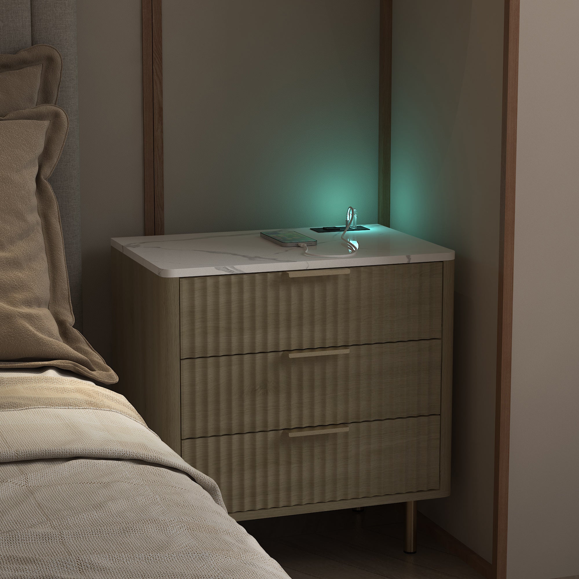 Nightstand With Charging Station, Smart Nightstand With Night Light, Modern Night Stand With Storage Cabinet For Bedroom, Wood