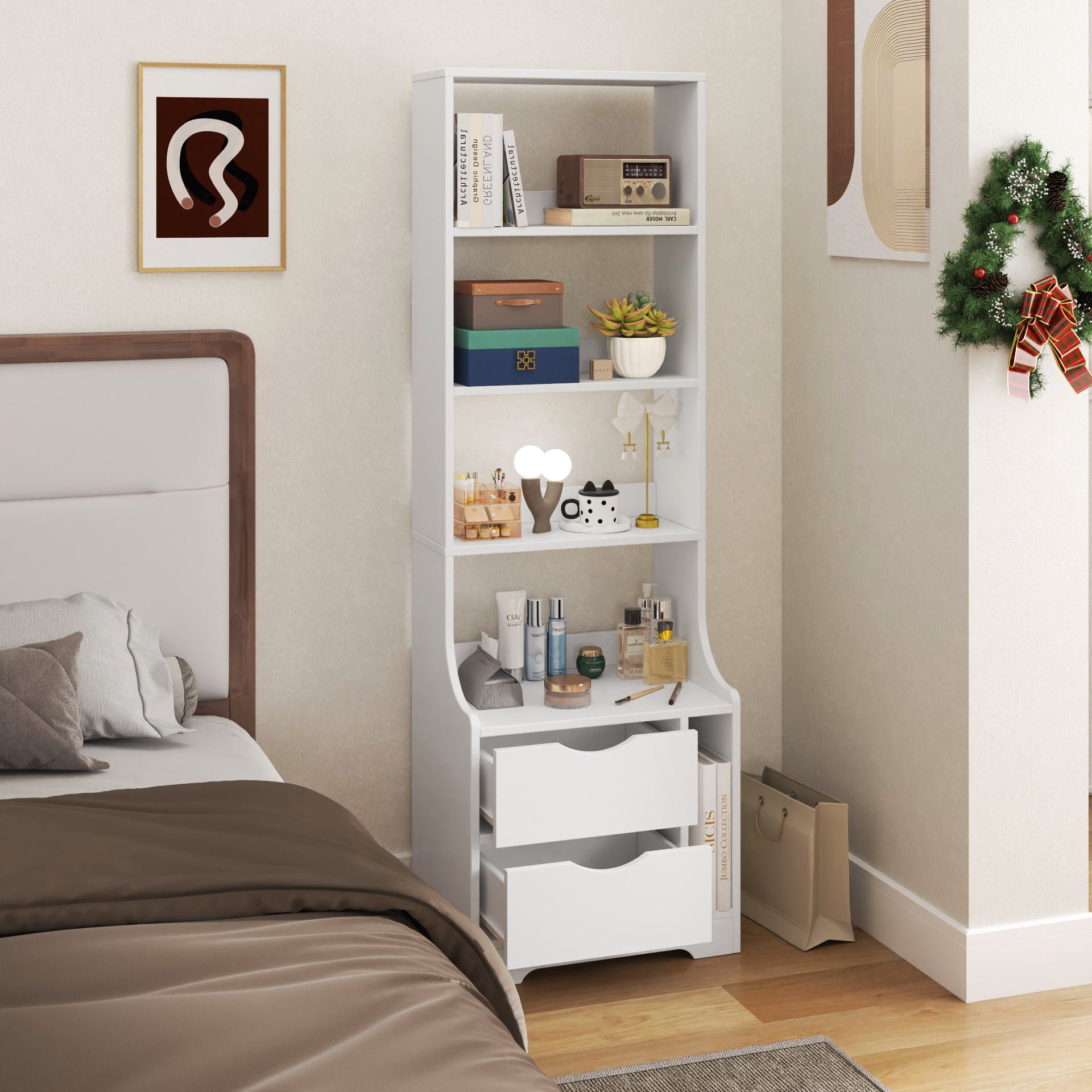Night Stand With Bookshelf, Night Stand With 2 Storage Drawers For Bedroom