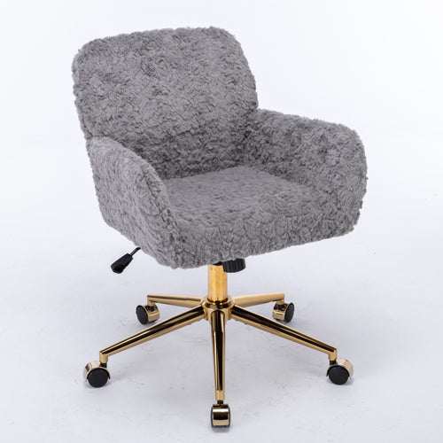 AA Furniture Office Chair,Artificial Rabbit Hair Home Office Chair With Golden Metal Base,Adjustable Desk Chair Swivel Office Chair,Vanity Chair  Gray