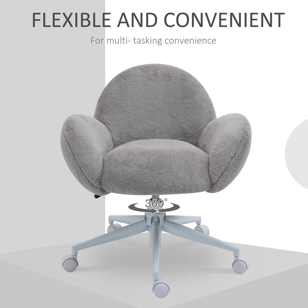 Makeup Vanity Chair, Cute Fluffy Desk Chair With Rolling Wheels For Bedroom Living Room, Grey
