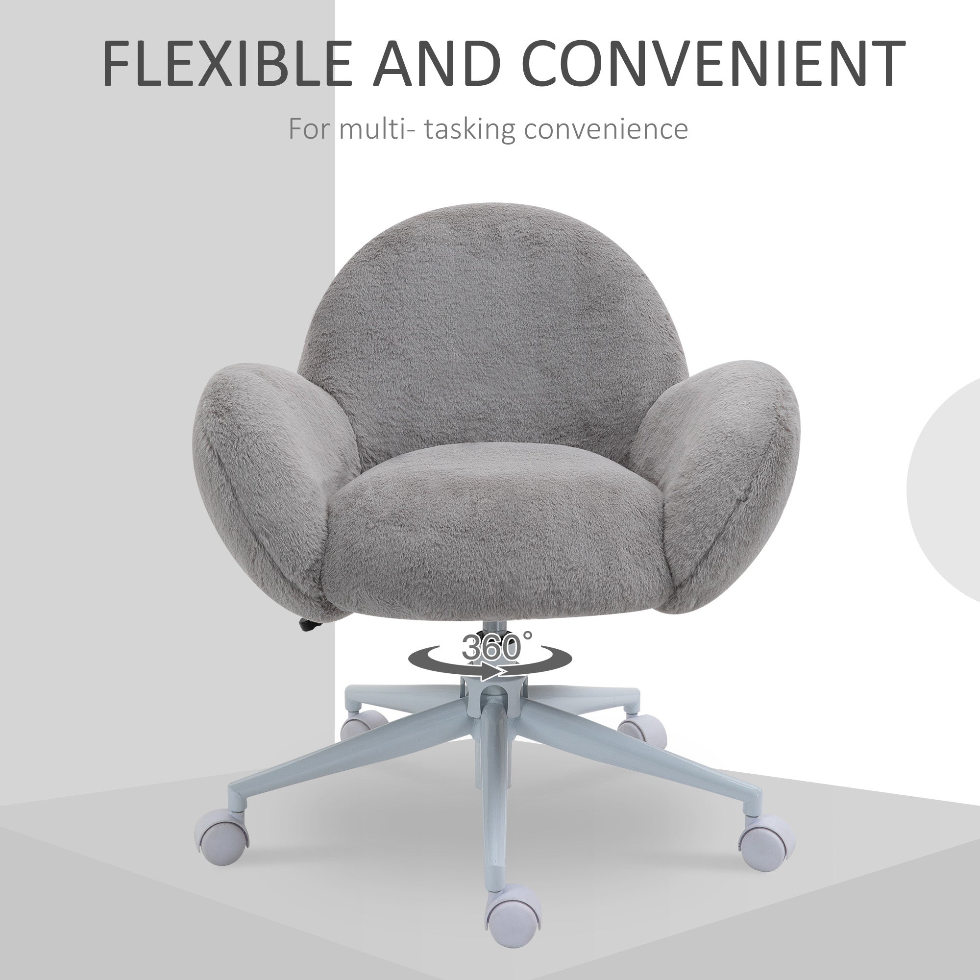 Makeup Vanity Chair, Cute Fluffy Desk Chair With Rolling Wheels For Bedroom Living Room, Grey