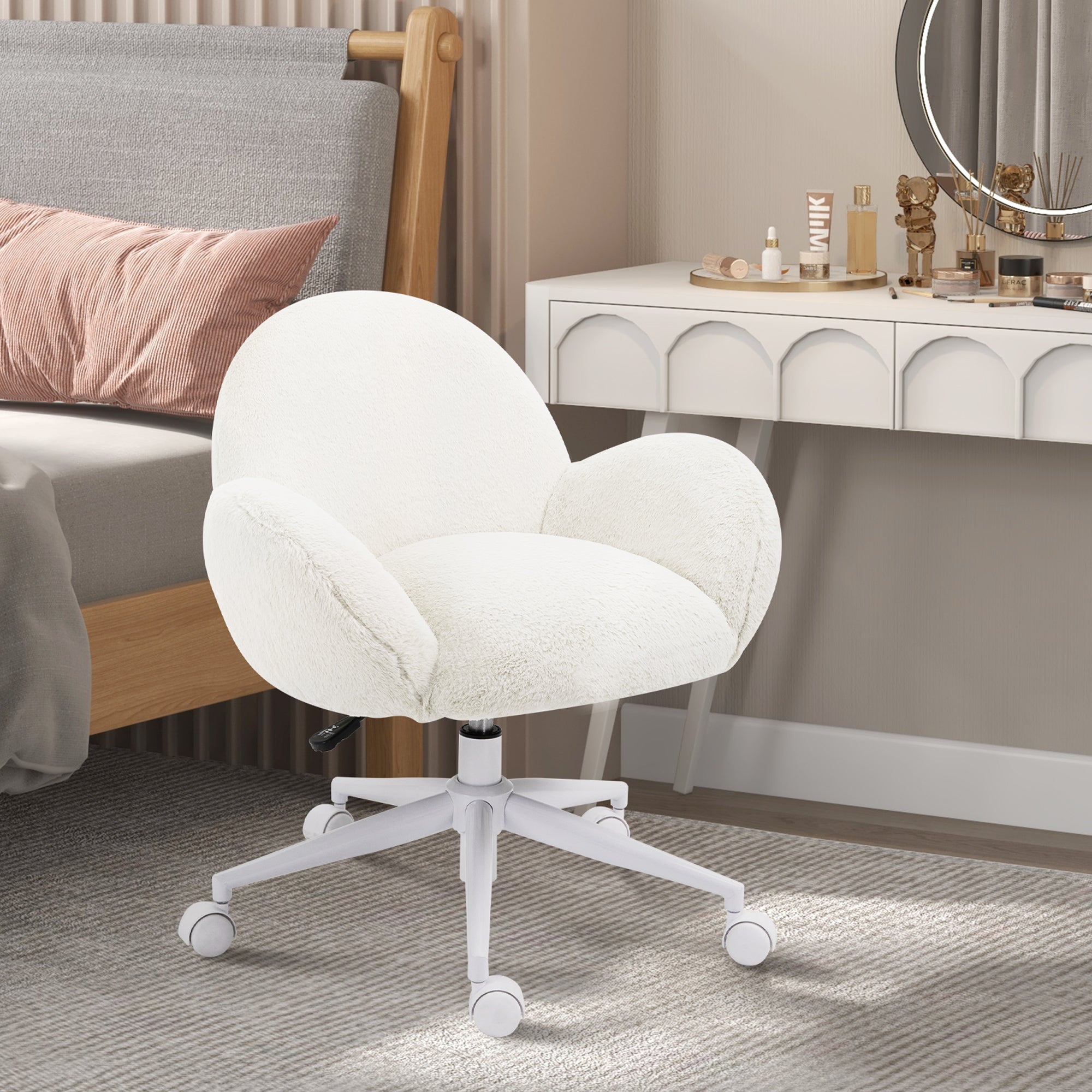 Makeup Vanity Chair, Cute Fluffy Desk Chair With Rolling Wheels For Bedroom Living Room, Cream White