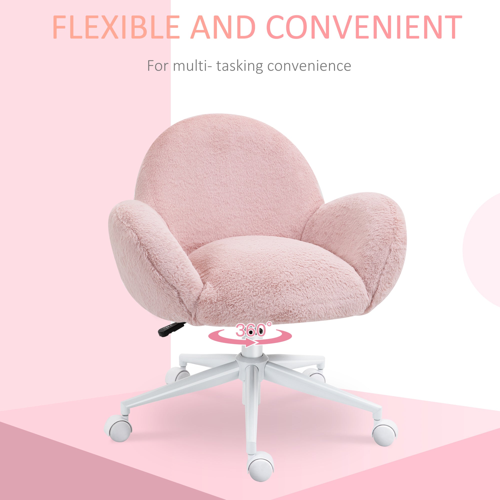 Makeup Vanity Chair, Cute Fluffy Desk Chair With Rolling Wheels For Bedroom Living Room, Pink