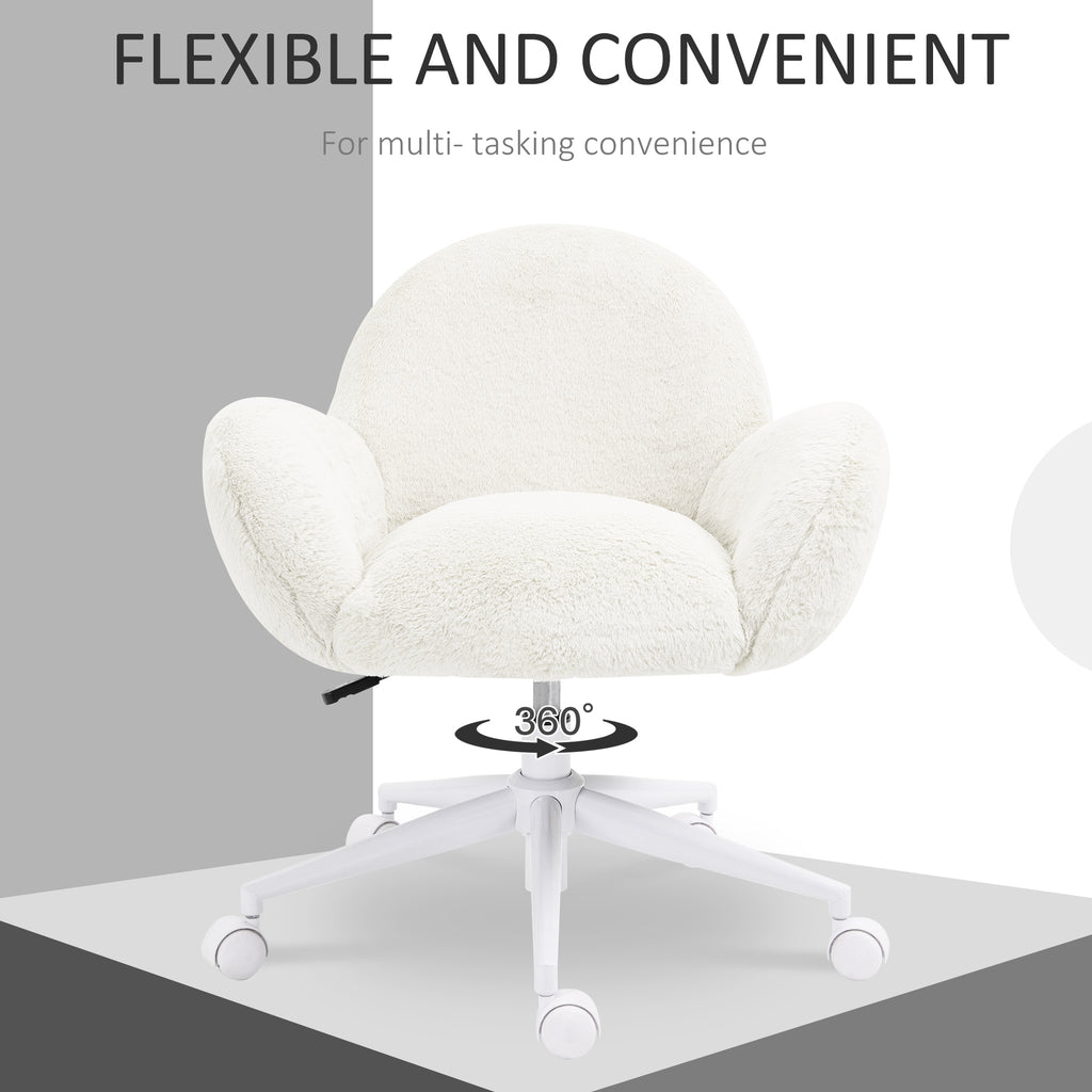 Makeup Vanity Chair, Cute Fluffy Desk Chair With Rolling Wheels For Bedroom Living Room, Cream White