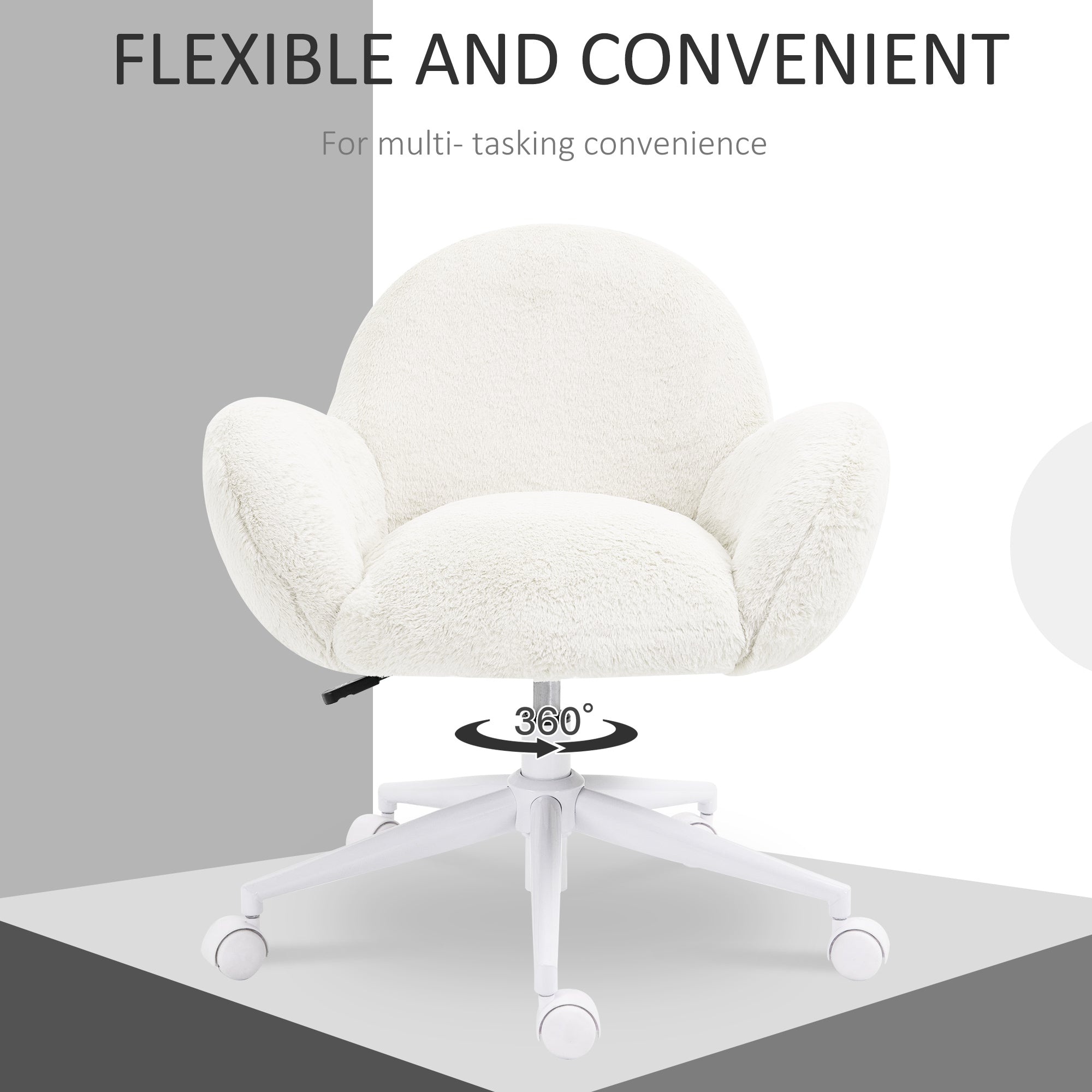 Makeup Vanity Chair, Cute Fluffy Desk Chair With Rolling Wheels For Bedroom Living Room, Cream White
