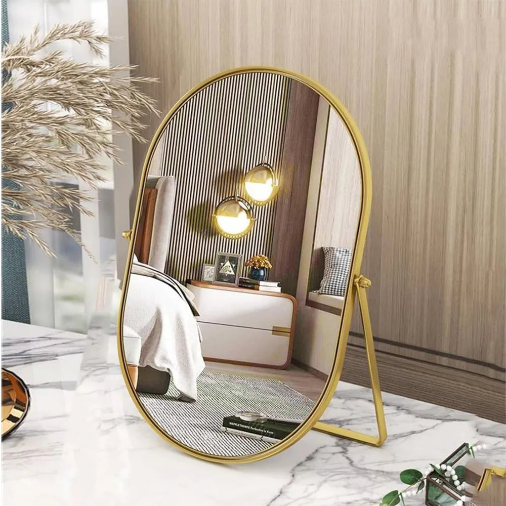 Vanity Makeup Mirror with 90°Adjustable Rotation, Oval Golden Metal Framed Standing Table Mirror for Bedroom Bathroom