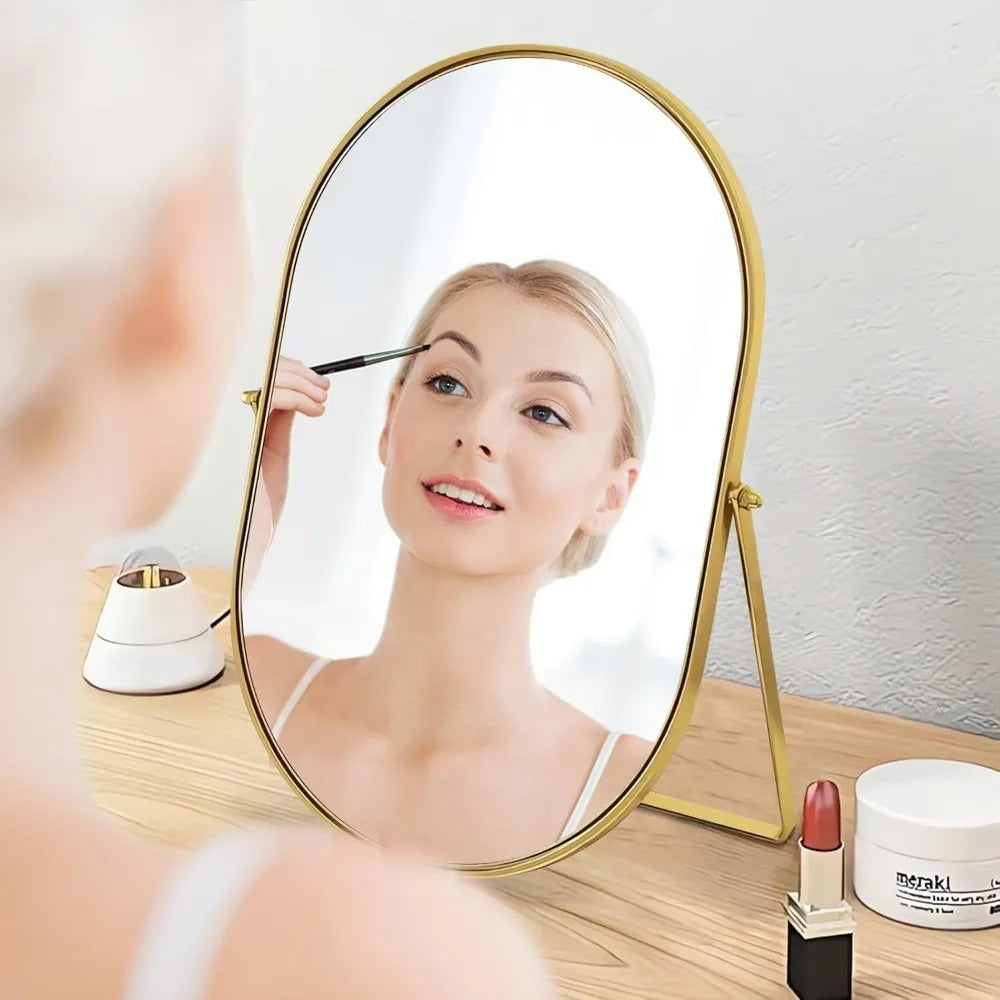 Vanity Makeup Mirror with 90°Adjustable Rotation, Oval Golden Metal Framed Standing Table Mirror for Bedroom Bathroom