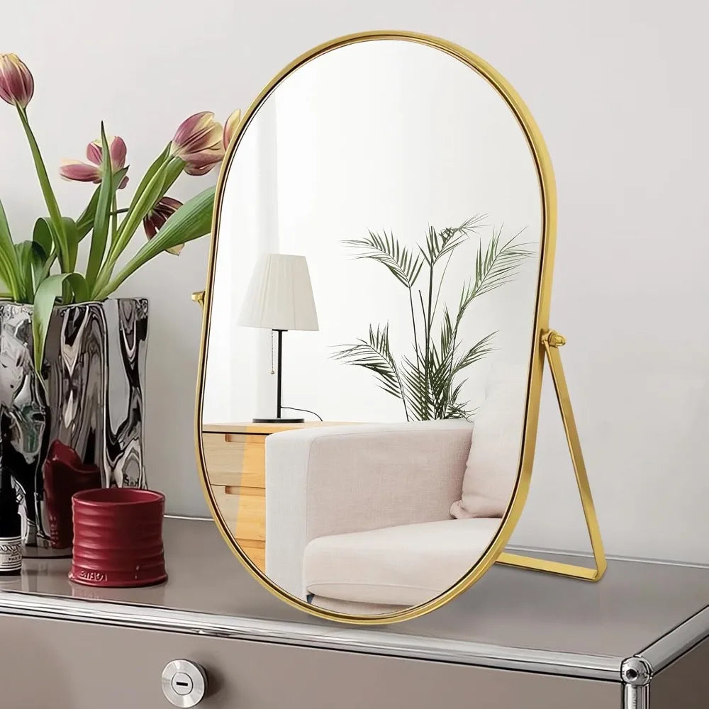 Vanity Makeup Mirror with 90°Adjustable Rotation, Oval Golden Metal Framed Standing Table Mirror for Bedroom Bathroom