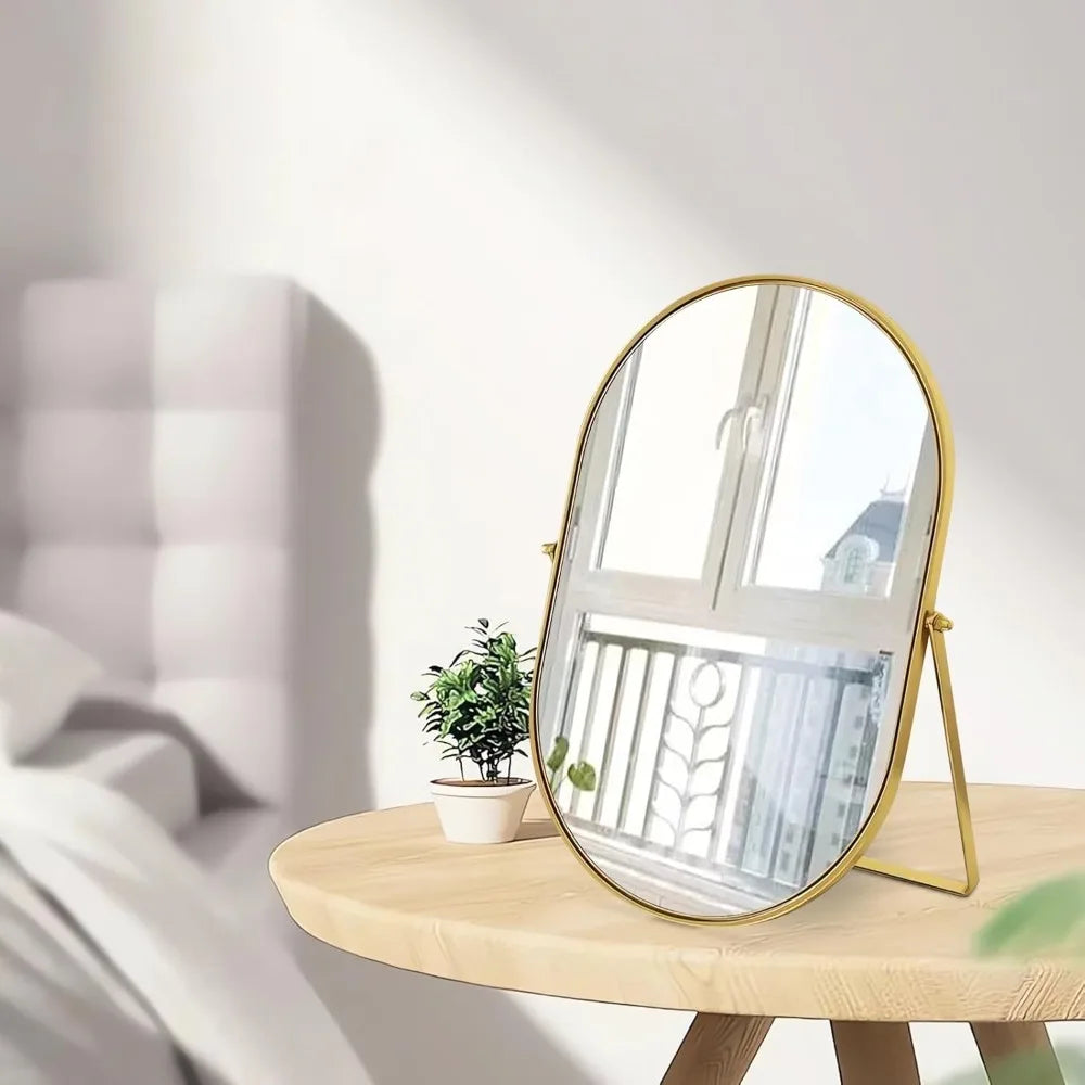 Vanity Makeup Mirror with 90°Adjustable Rotation, Oval Golden Metal Framed Standing Table Mirror for Bedroom Bathroom