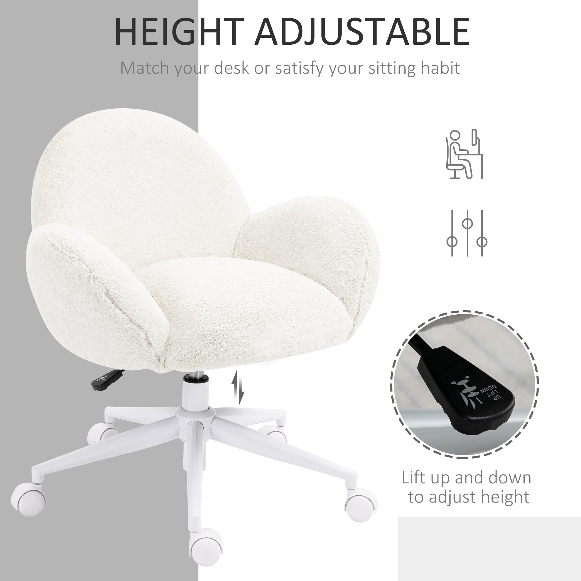 Makeup Vanity Chair, Cute Fluffy Desk Chair With Rolling Wheels For Bedroom Living Room, Cream White