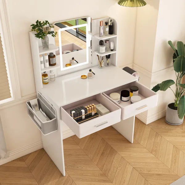 LED Mirror Vanity Dressing Table With Lights For Women & Girls - 3-Color Adjustable Light Strips, 2 Large Drawers, Hair Dryer Stand & Non-Woven Storage Bag, Makeup Desk Bedroom Furniture