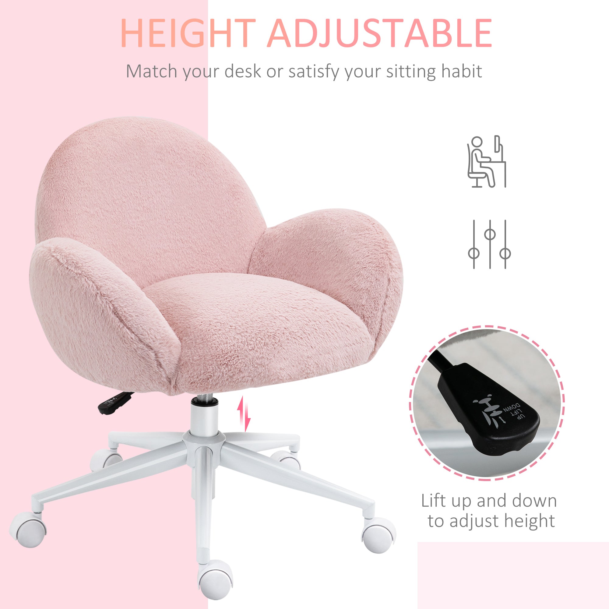 Makeup Vanity Chair, Cute Fluffy Desk Chair With Rolling Wheels For Bedroom Living Room, Pink