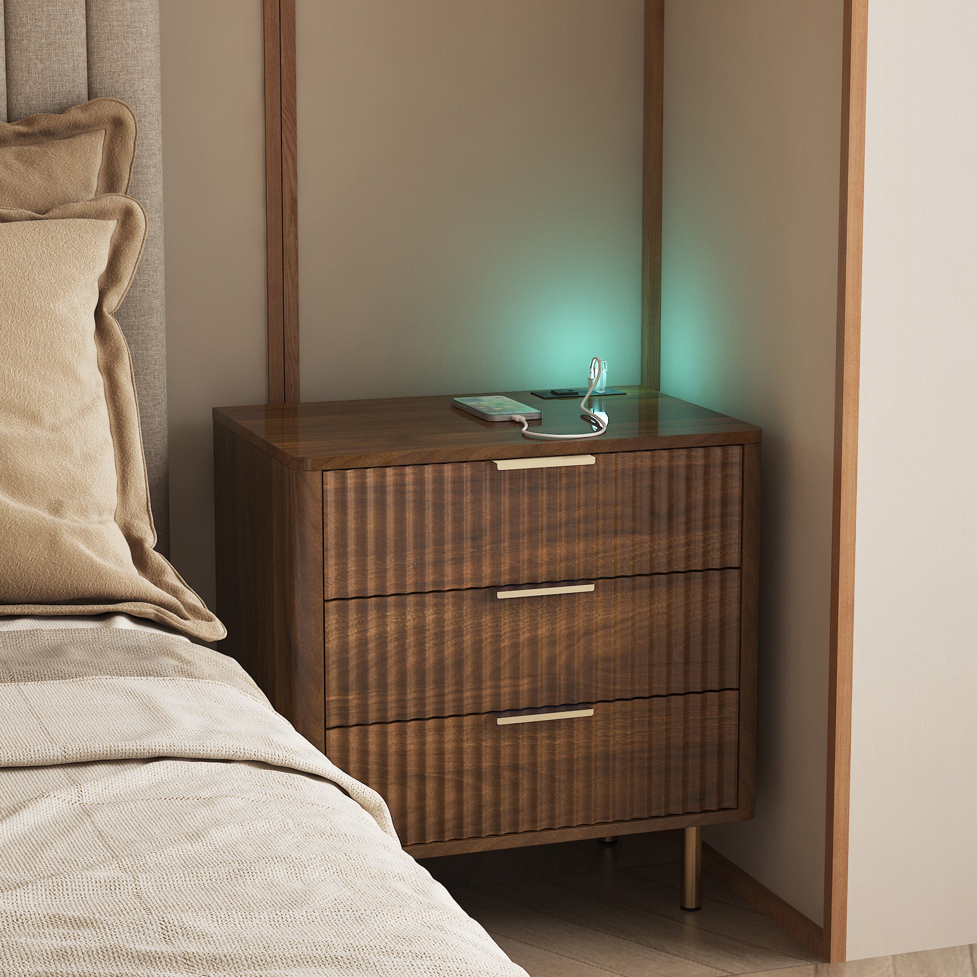 Nightstand With Charging Station, Smart Nightstand With Night Light, Modern Night Stand With Storage Cabinet For Bedroom, Wood