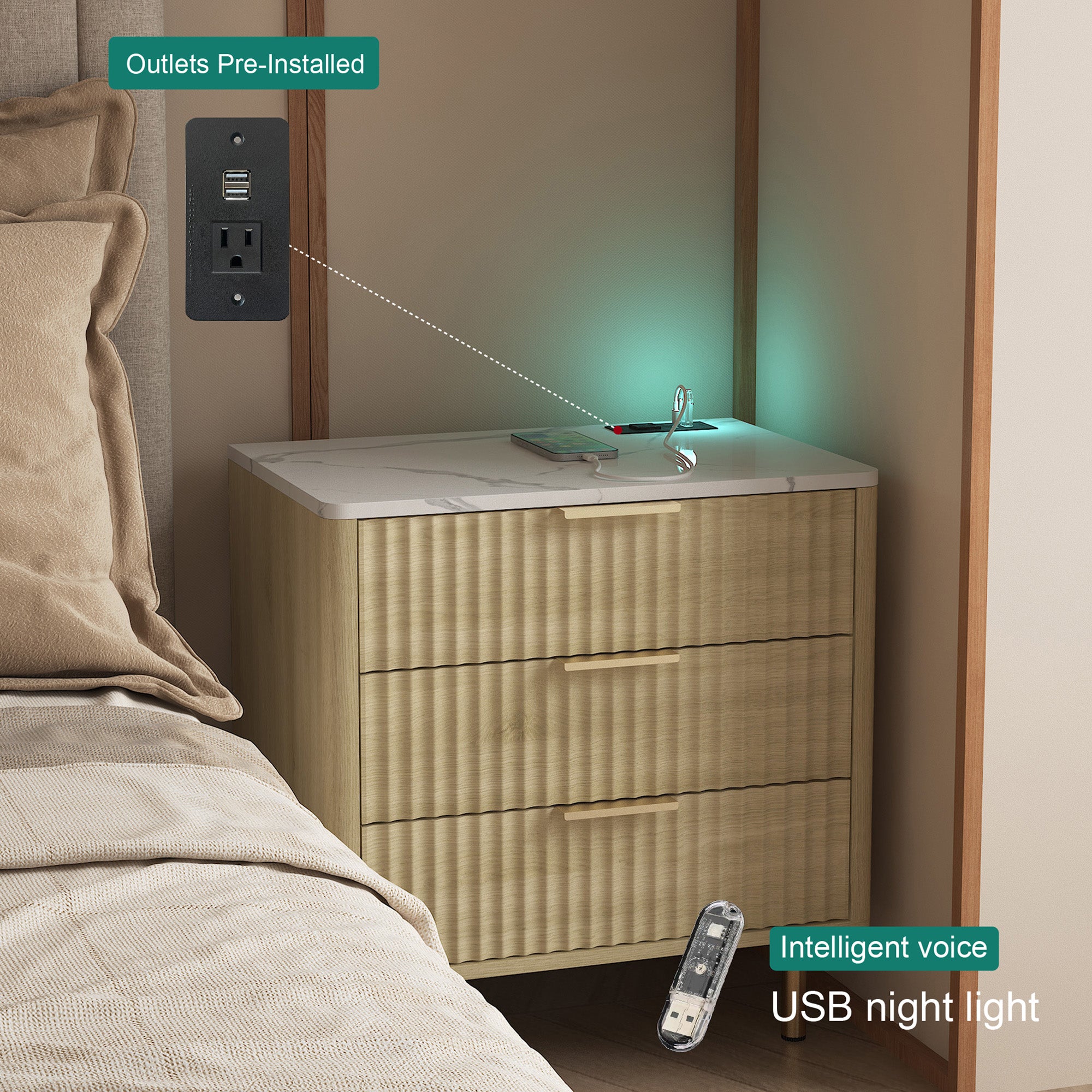Nightstand With Charging Station, Smart Nightstand With Night Light, Modern Night Stand With Storage Cabinet For Bedroom, Wood