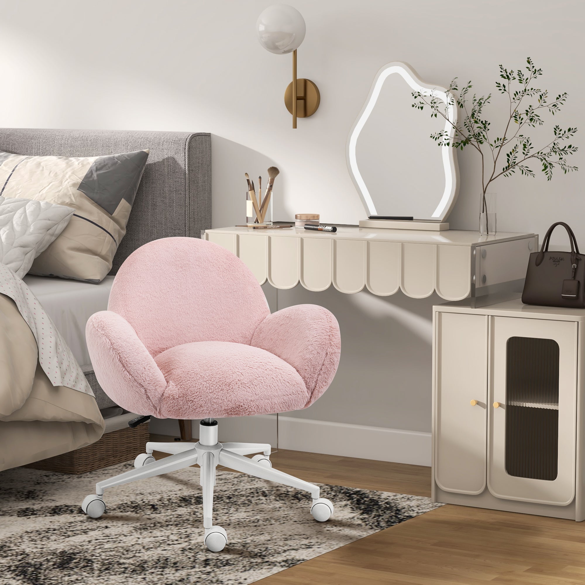Makeup Vanity Chair, Cute Fluffy Desk Chair With Rolling Wheels For Bedroom Living Room, Pink