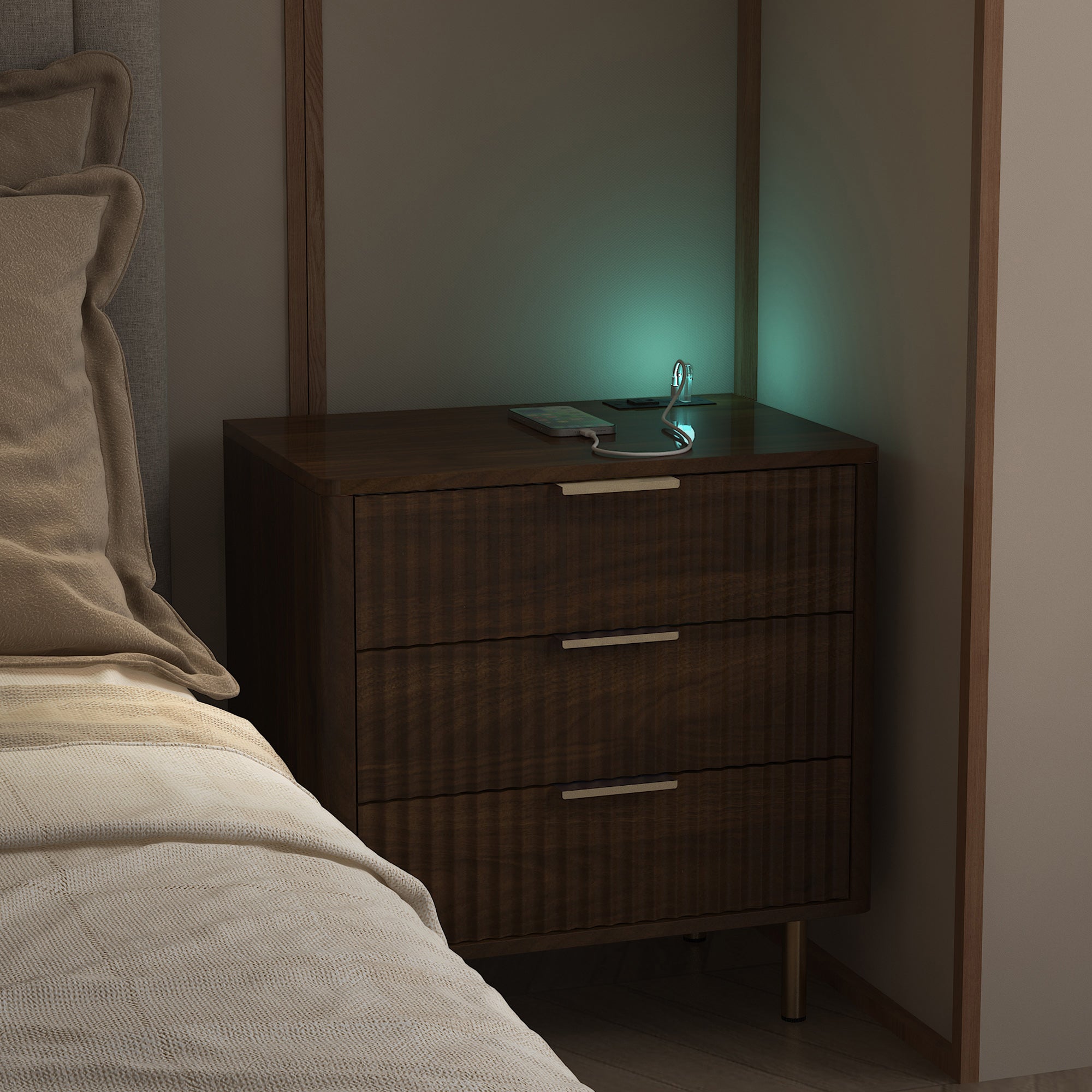 Nightstand With Charging Station, Smart Nightstand With Night Light, Modern Night Stand With Storage Cabinet For Bedroom, Wood